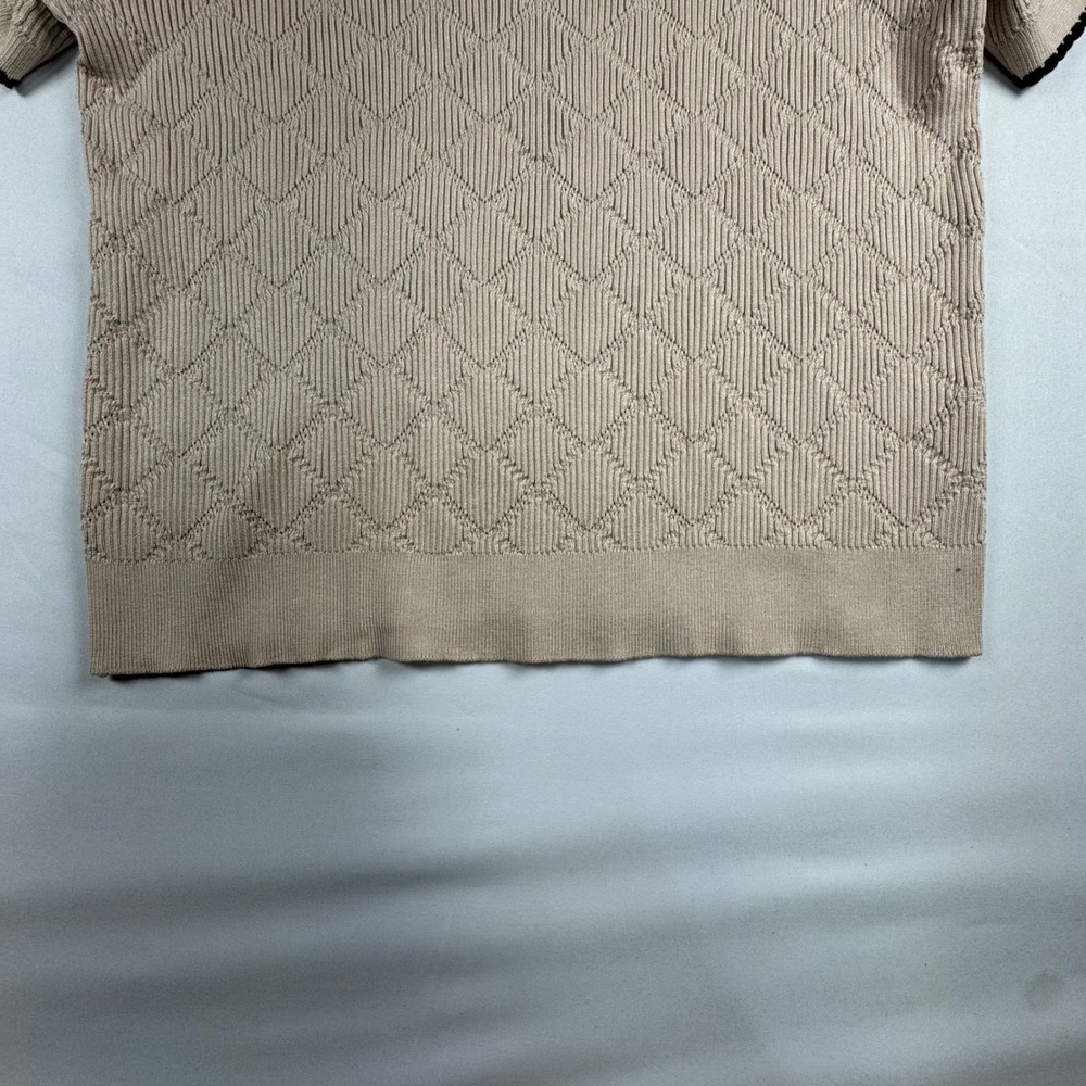 Adrianna Papell Womens Beige Diamond Knit Short Sleeve Sweater Top Black Trim L - Picture 4 of 7